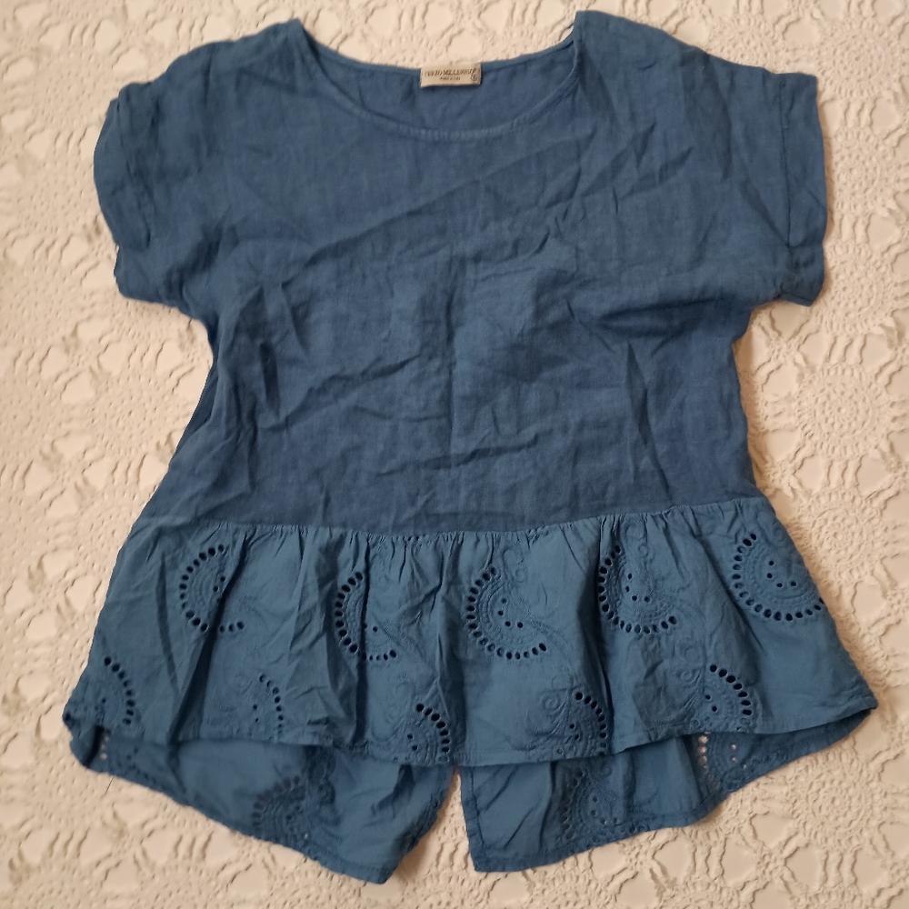 Terzo Millennio Tunic Shirt Top Blouse 100% Linen Blue Babydoll Small Women